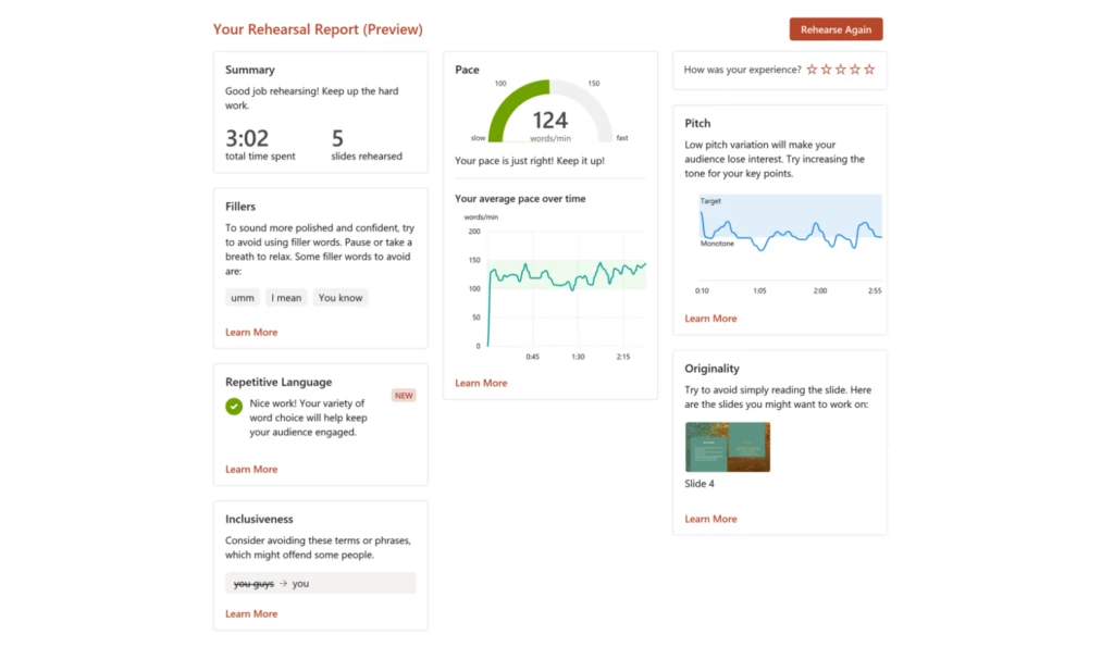Speaker Coach rehearsal report showing data and feedback on fillers, repetitive language, inclusiveness, pace, pitch, and originality.