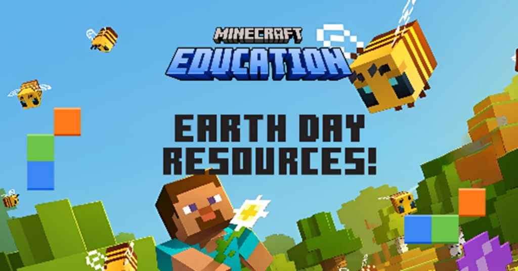 Scene from Minecraft with bees, a character, and trees, accompanied by the text 'Earth Day Resources'