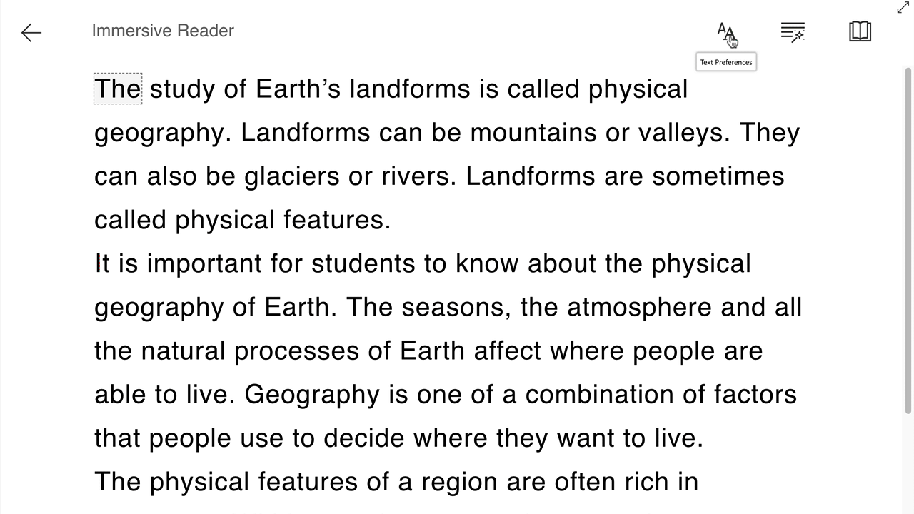 Text Preference settings in Immersive Reader, including text size, spacing, font, and color themes.