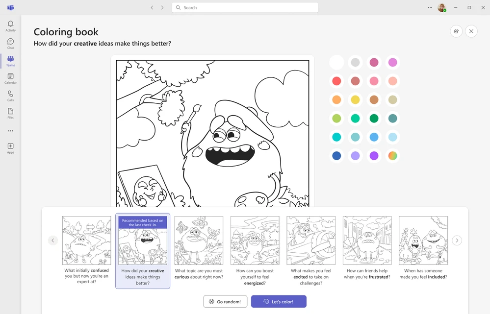 A digital coloring page in Microsoft Reflect that includes a scene with the oval-shaped, furry Feelings Monster character, and a color palette with 24 colors.