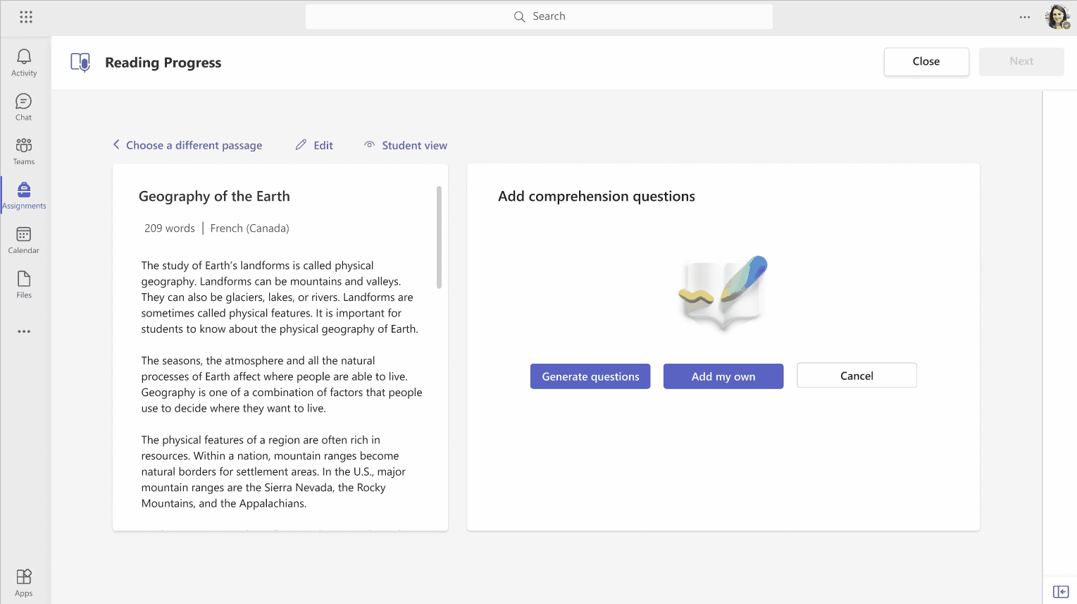 A short demo of how to generate reading comprehension questions in Reading Progress in Microsoft Teams.