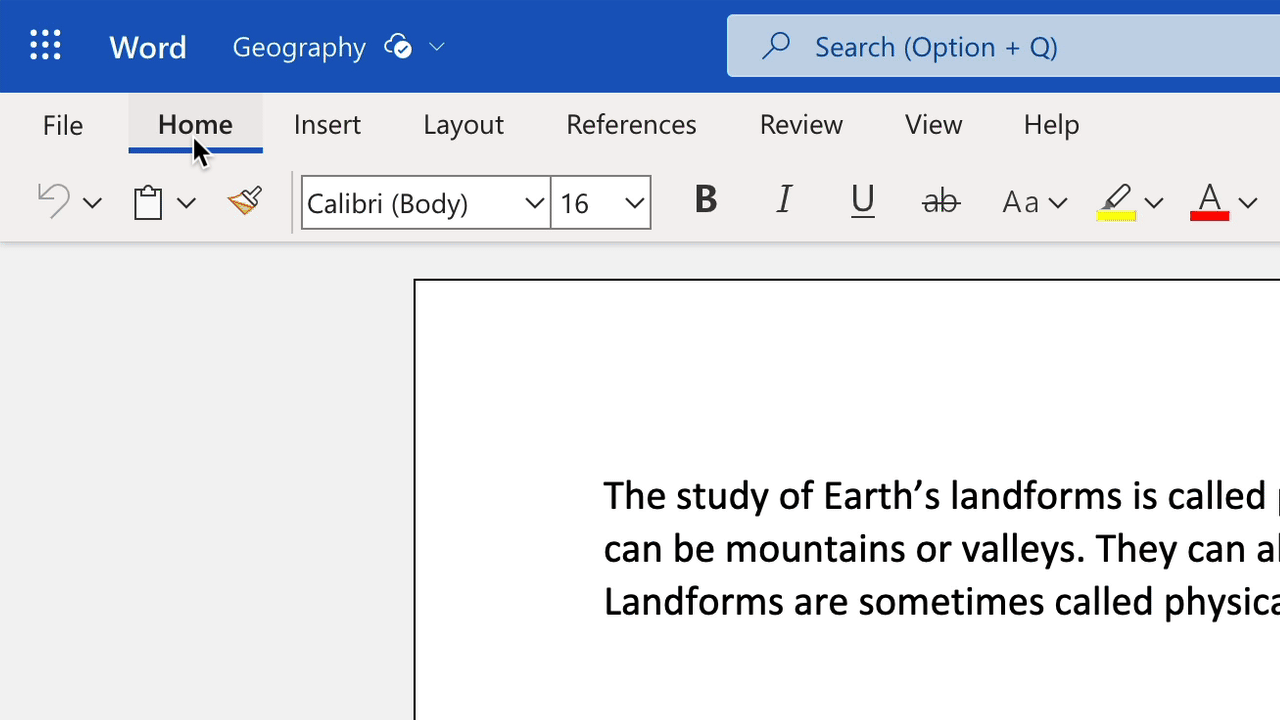 GIF. Selecting the View tab, then clicking on the Immersive Reader button in Microsoft Word for the web.