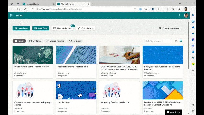 GIF showing how to import files into Microsoft Forms and create an online quiz in seconds: the user uploads a document, and Forms quickly converts the content into quiz questions.