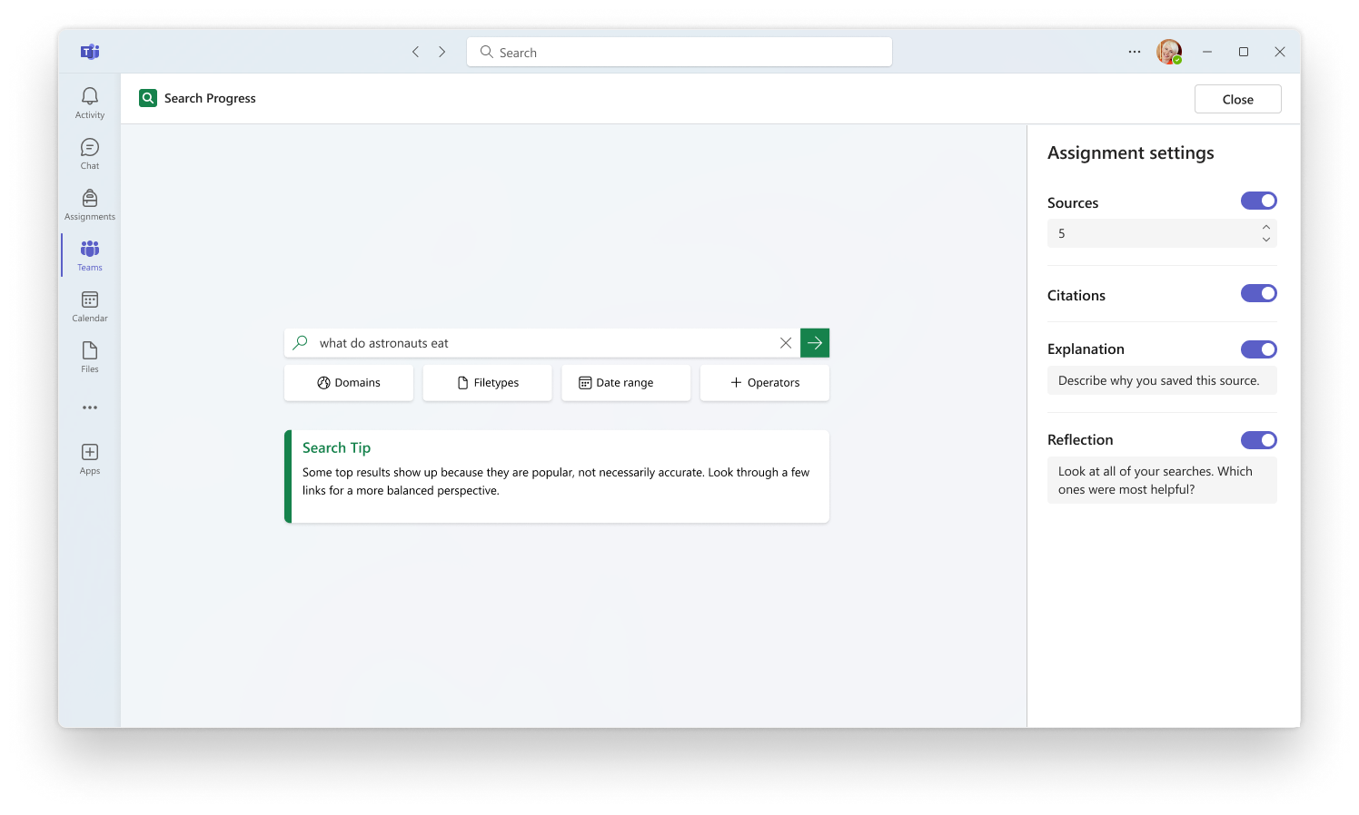 Search Progress teacher interface for assignment settings, including sources, citations, explanation, and reflection.