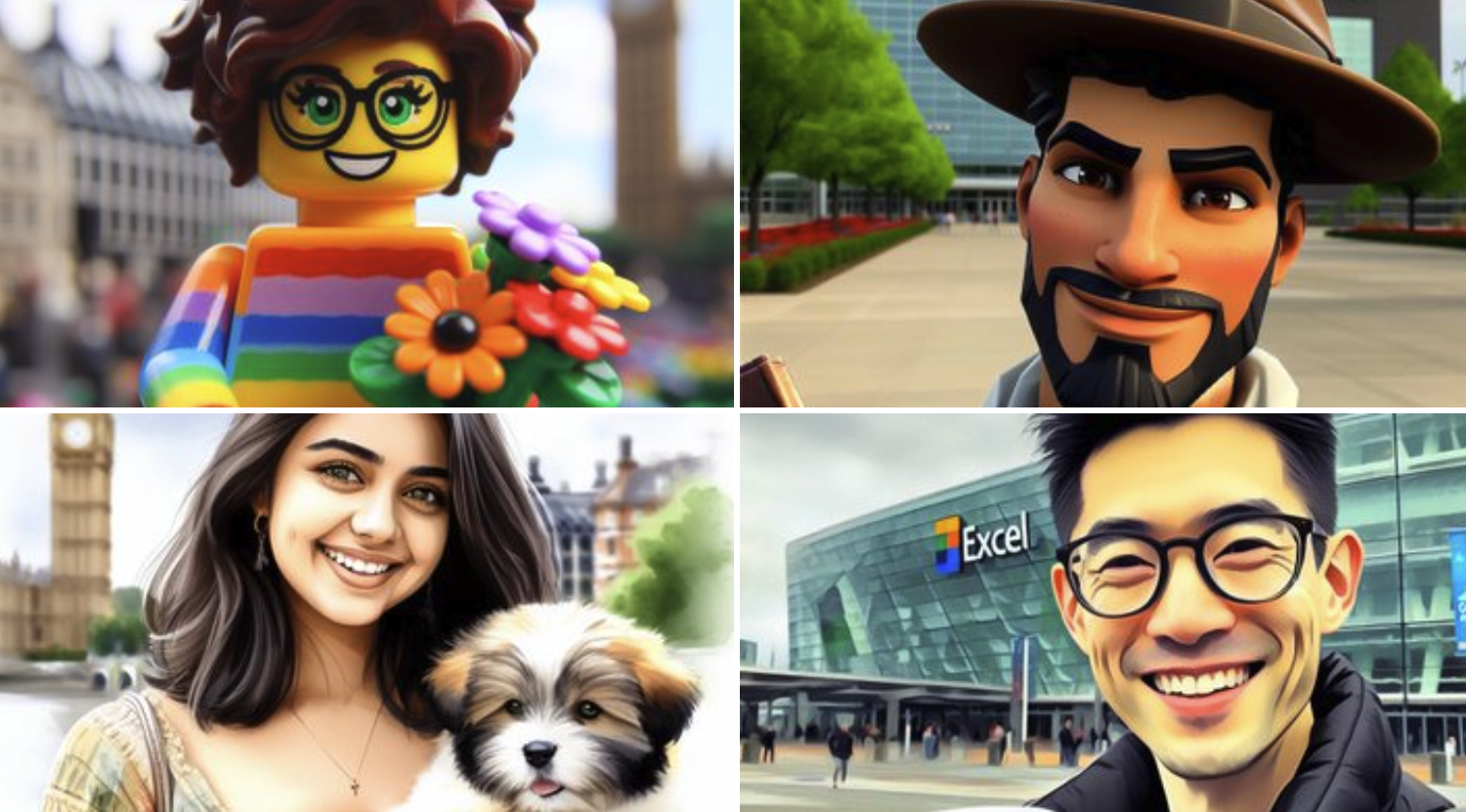 Four examples of avatar images created with Microsoft Designer.