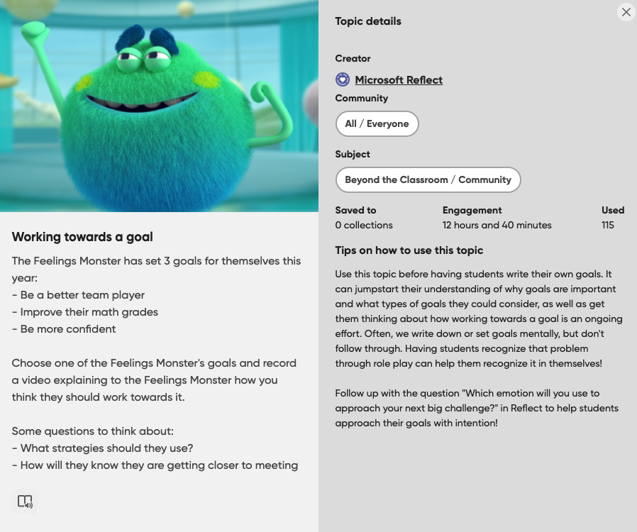 Teacher view of the “Working towards a goal” discussion topic in Flip, showing topic details and the round and fuzzy Feelings Monster.