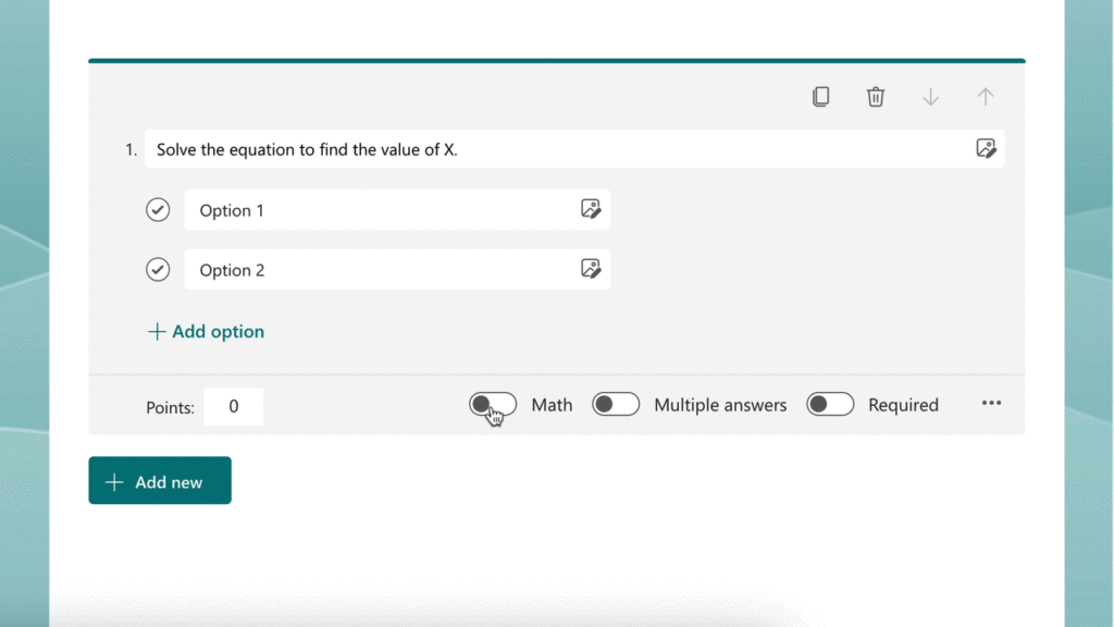 GIF demonstrating the use of the math symbol keyboard in Microsoft Forms: the user creates equations for multiple choice questions, and Forms automatically generates the answer choices.