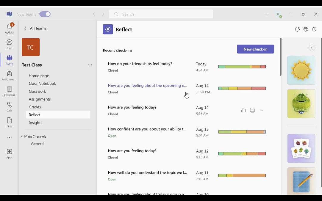 GIF. Teacher view of student responses in Microsoft Reflect, along with a summary view of their class.
