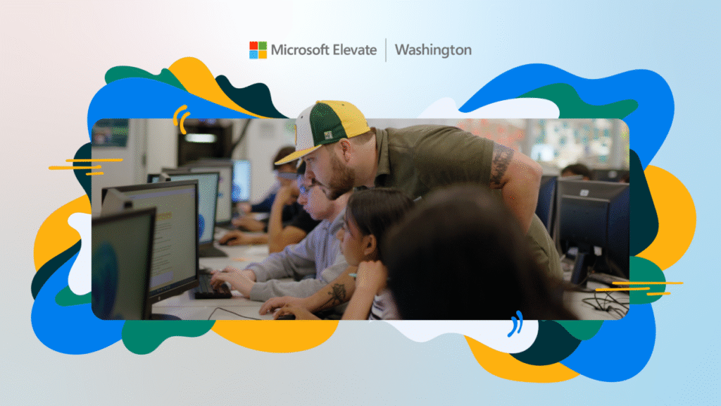 Digital collage featuring people collaborating in a computer lab, with an instructor leaning over to assist participants working on desktop computers. The background features the Microsoft Elevate Washington branding with colorful abstract shapes.