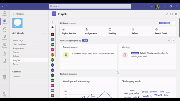 GIF of generating a practice assignment from a challenging word cloud in Education Insights in Microsoft Teams for Education.