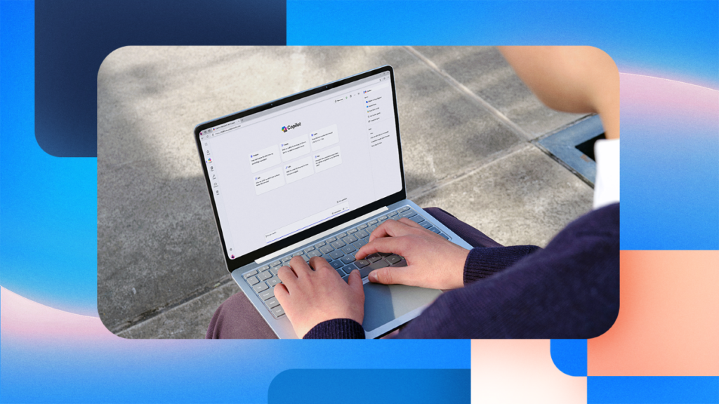 Digital collage showing a person using a laptop with Microsoft Copilot on screen, overlaid with binary code and circuit board elements to represent cybersecurity and data protection.