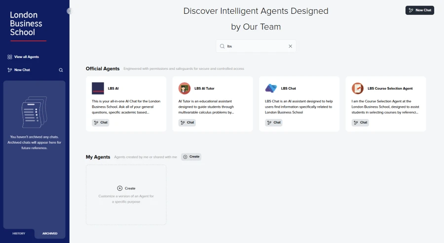 The nebulaOne interface for London Business School (L B S), including L B S A I for general questions, L B S A I Tutor for exam prep, L B S Chat for FAQs, and L B S Course Selection Agent, and a section for personal agents created.