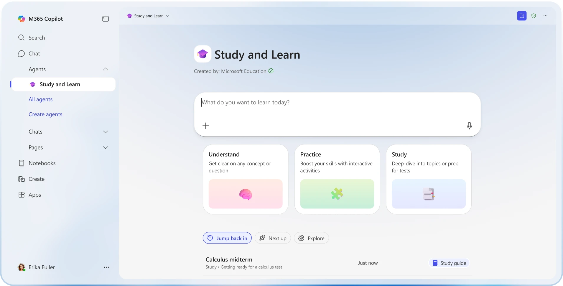 The Study and Learn agent in the Microsoft 365 Copilot app, showing prompts for understand, practice, and study.