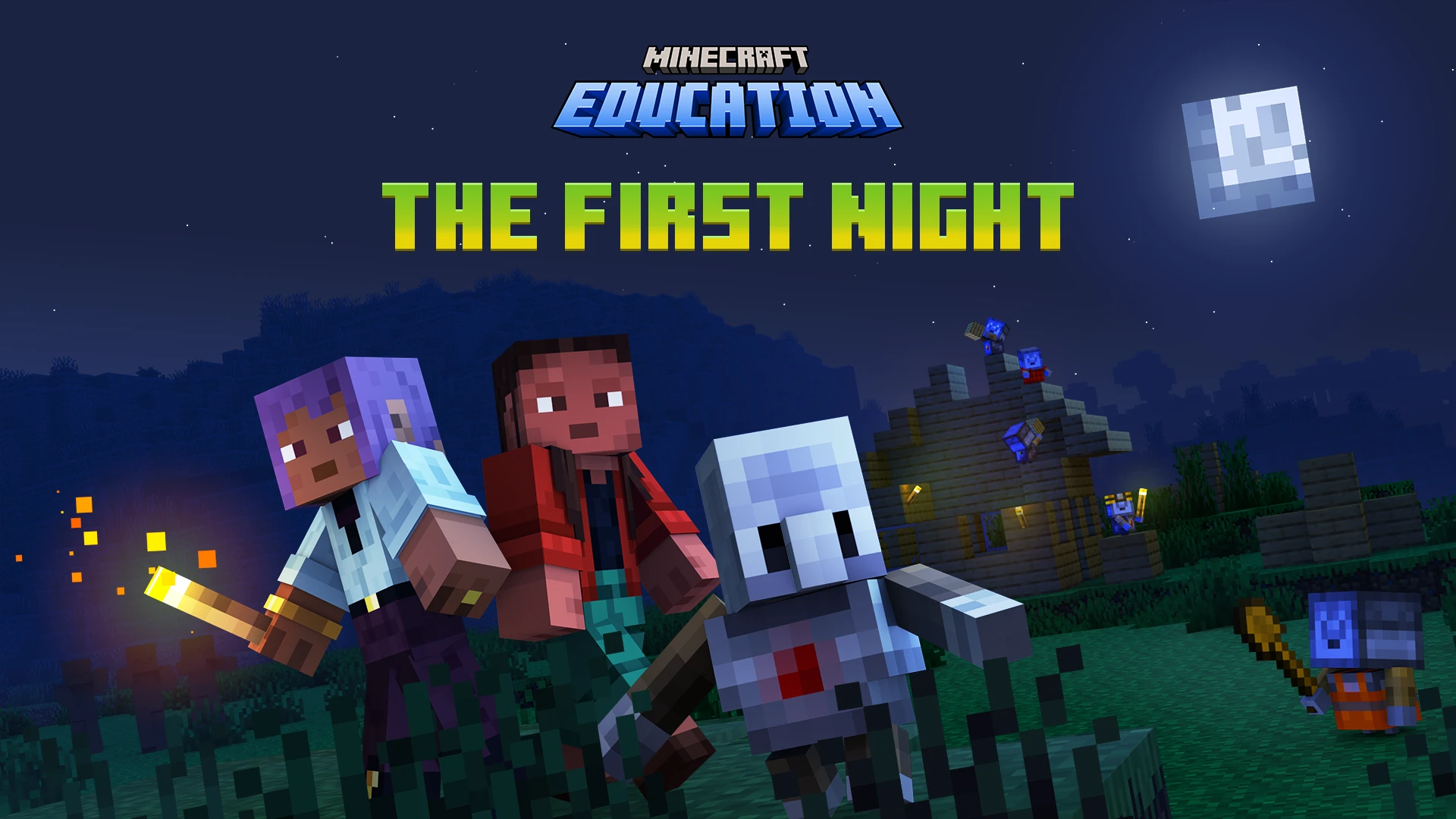 Block characters working together to solve puzzles in the Hour of AI world, The First Night, from Minecraft Education