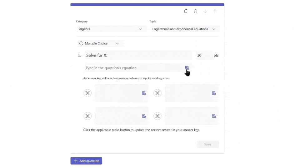 Educator view in Math Progress showing how to access the basic calculator and formulas when creating custom equation problems.