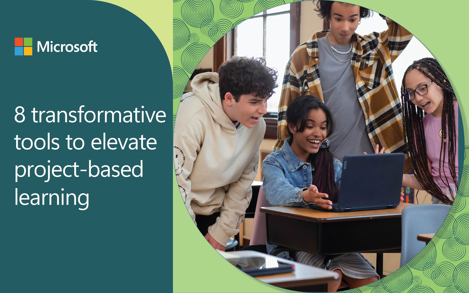 Four children in a classroom looking at a laptop together, engaged and focused on the screen.