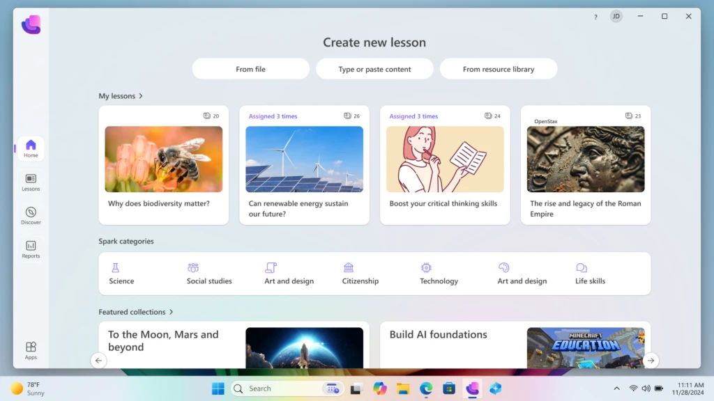 Microsoft Learning Zone interface showing the create a new lesson page with lesson tiles and navigation options.