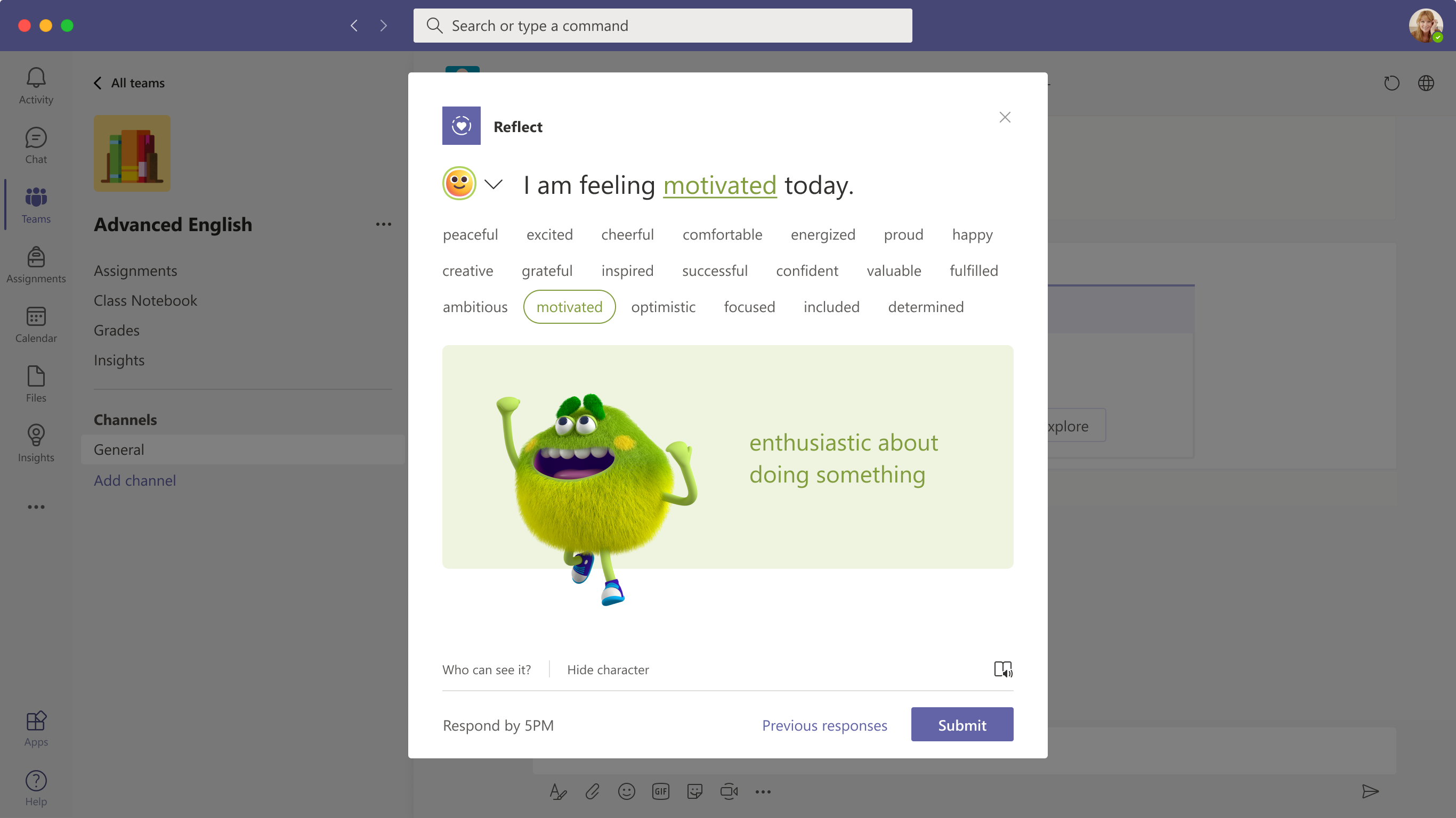 An image of Reflect in Microsoft Teams for Education.