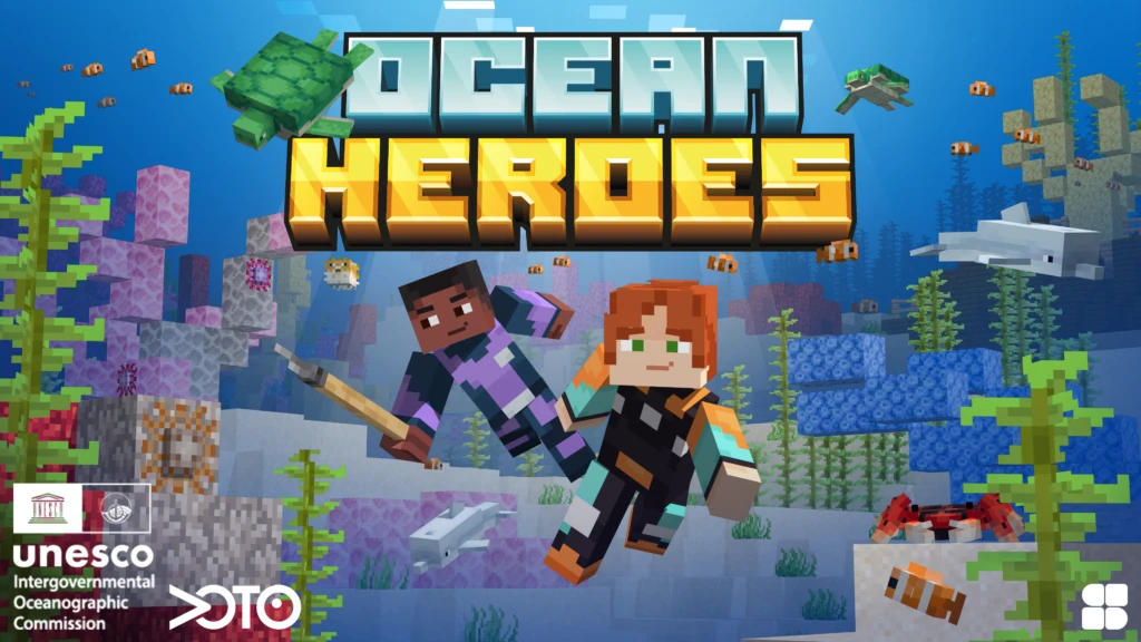 An underwater scene in Minecraft showing two block-style characters, marine animals and flora, and logos for UNESCO Intergovernmental Oceanographic Commission, Voice of the Ocean, and Shapescape.