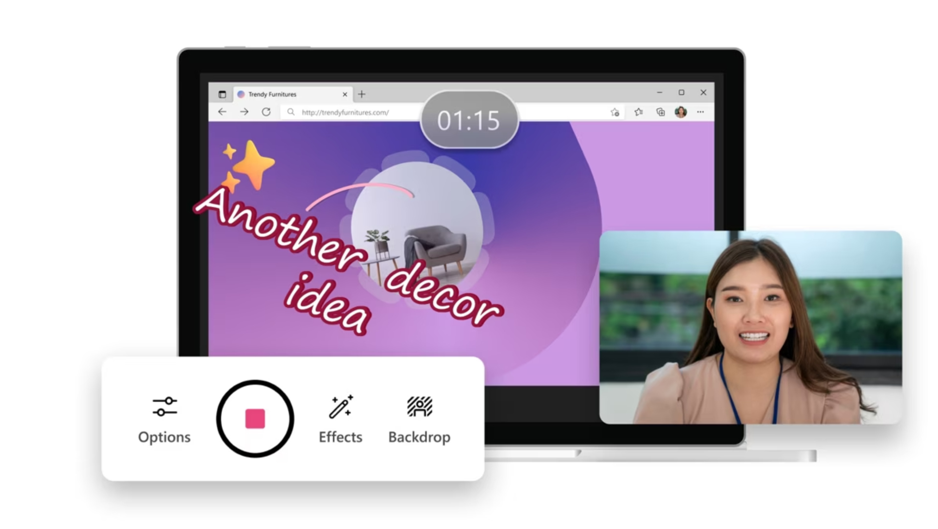  A collage of images that show recording options in Stream, a computer screen with a time stamp and the words, “Another décor idea,” and a webcam display with a woman smiling.
