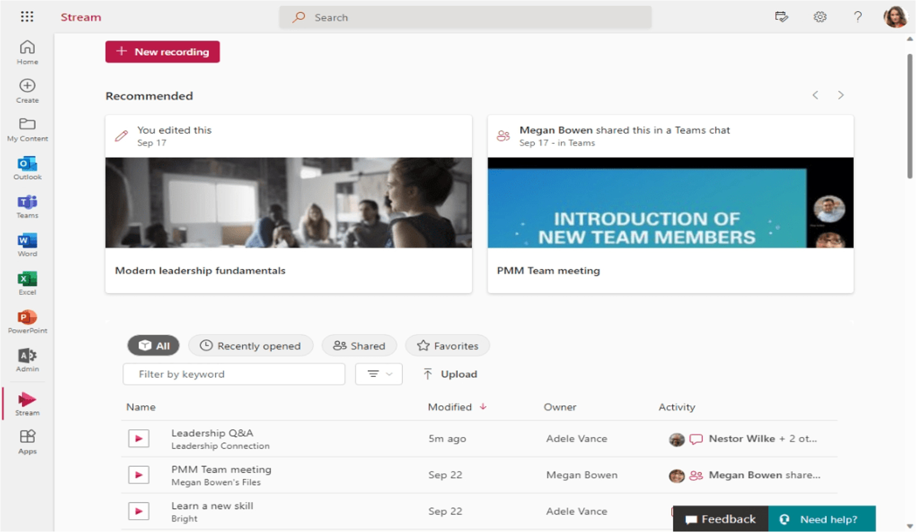 The Stream start page with recommended videos at the top of the screen and a list of videos and browsing filters at the bottom. The left menu shows Microsoft 365 applications including the Stream icon.