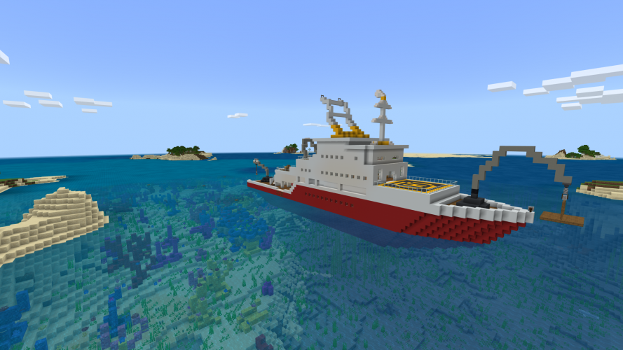 A ship suspends a platform over the ocean with a crane in Minecraft: Education Edition