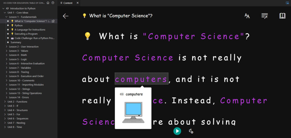 VS Code for Education immersive reader example. 