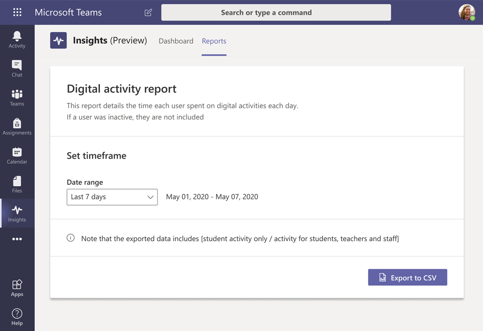 Digital activity report details the time each user spent on digital activities each day. 