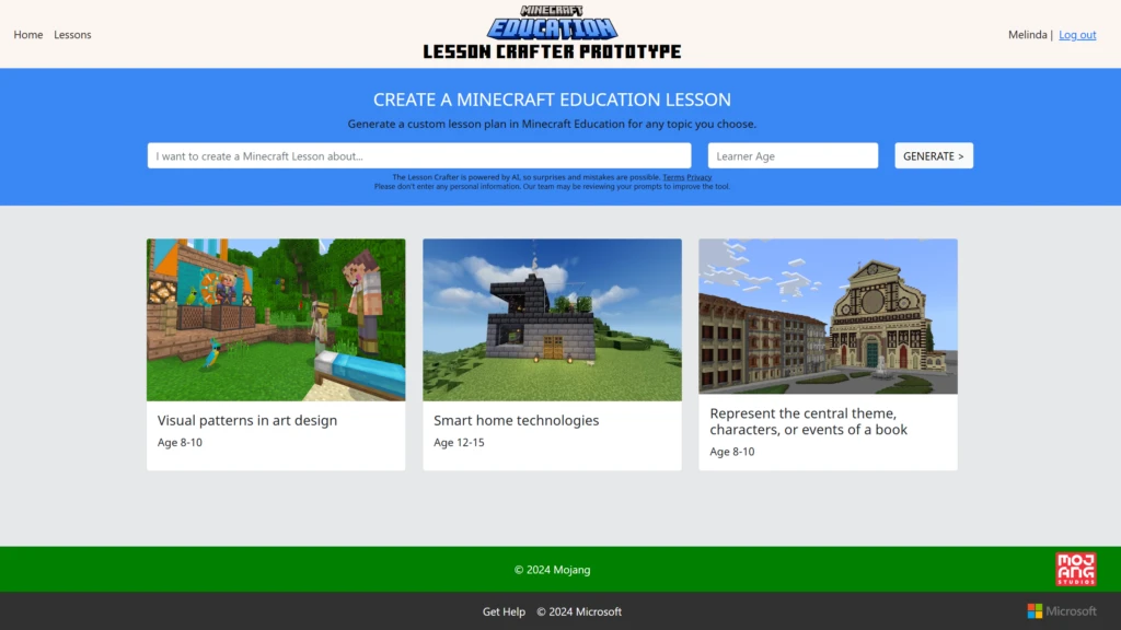 Decorative. The Minecraft Education Lesson Crafter homepage.