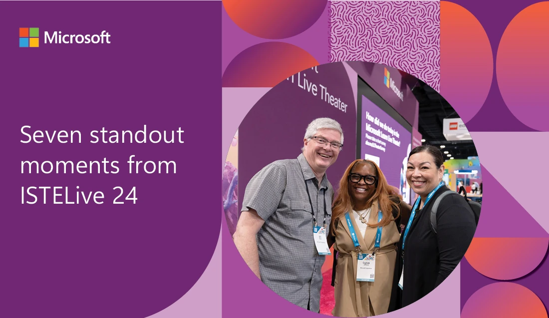 Decorative. Three people at a conference looking at the camera and smiling, with magenta and orange graphics framing the photo