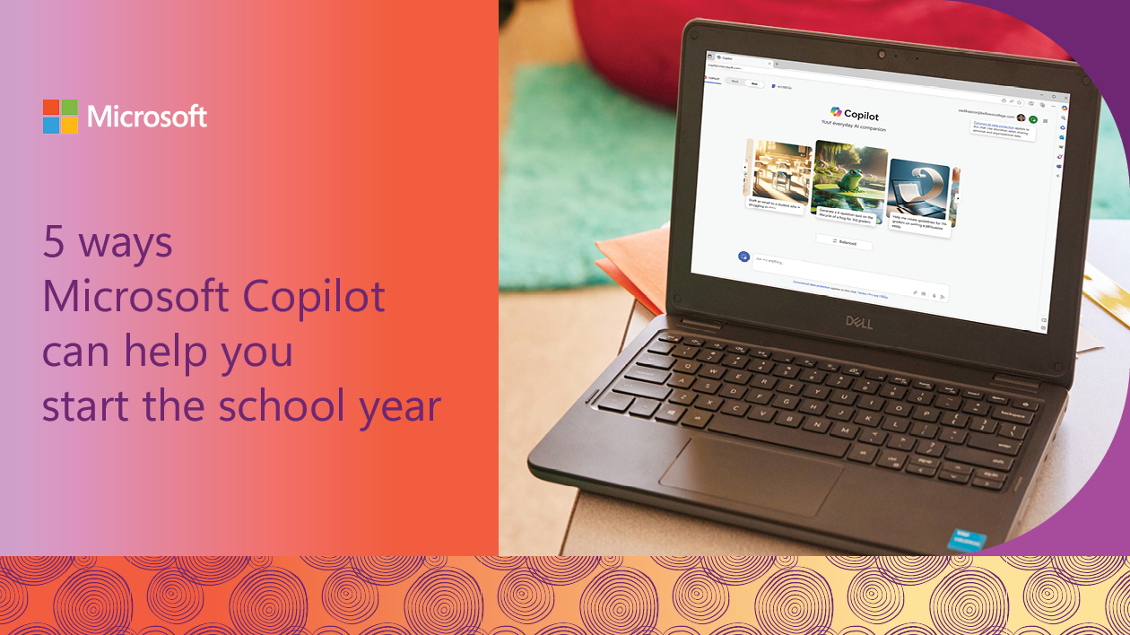 An open laptop on a desk in a classroom. The image is framed by purple and orange graphics and includes the Microsoft logo