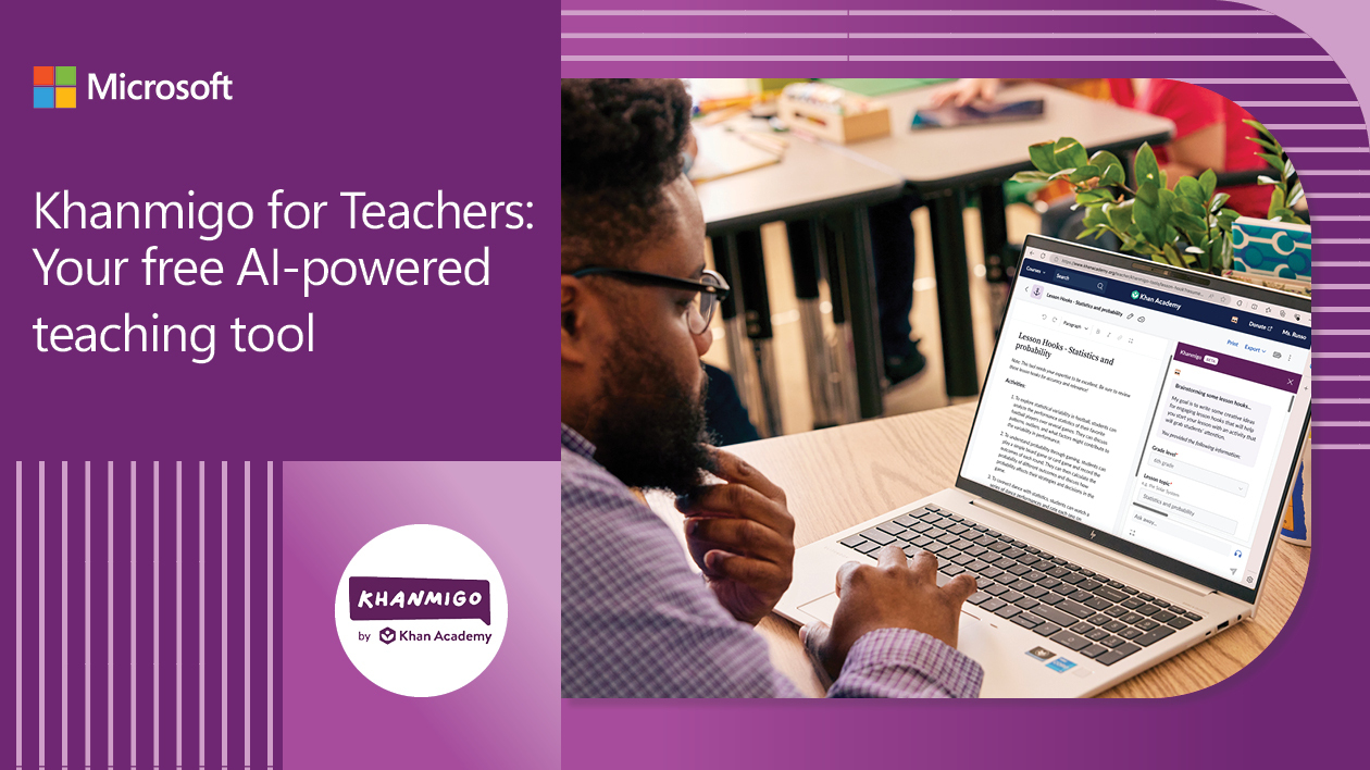 A male educator sitting at a desk in a school classroom and working on a laptop. The picture is framed by purple graphic elements, the Microsoft Logo, and the Khanmigo logo