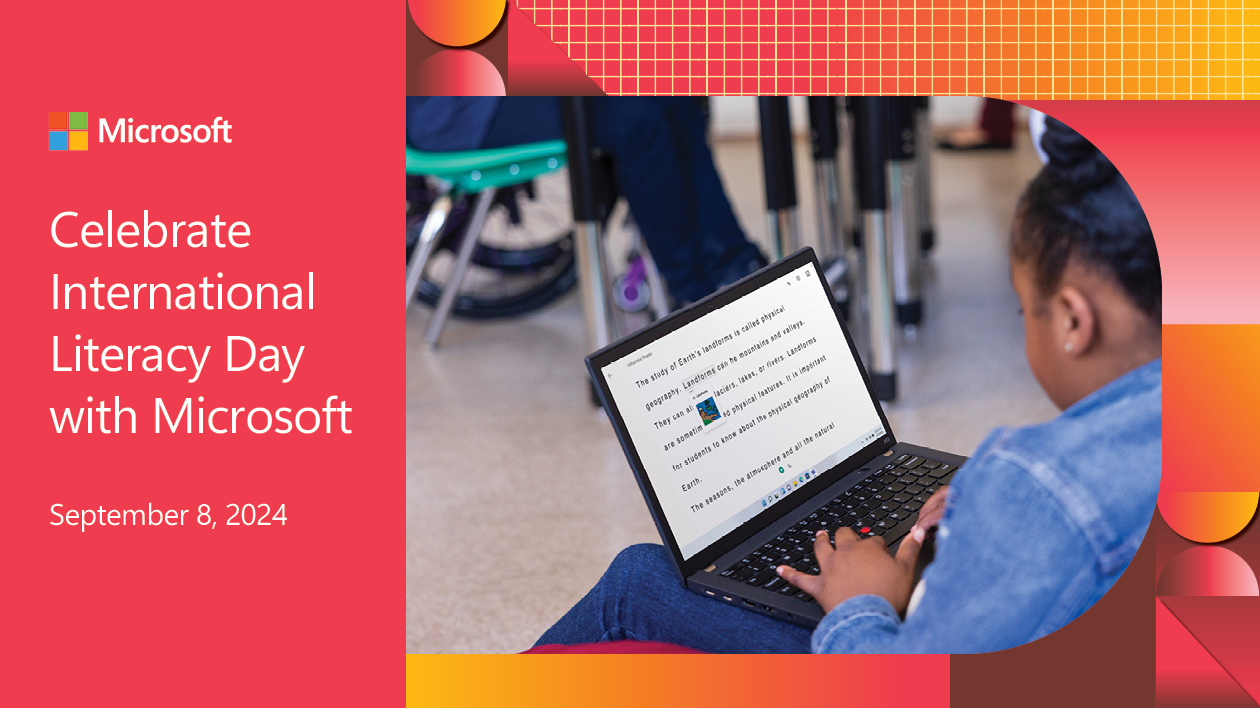 Decorative. An elementary-aged student sitting in a school classroom and working on a laptop. The image is framed by orange and yellow graphics and includes the Microsoft logo