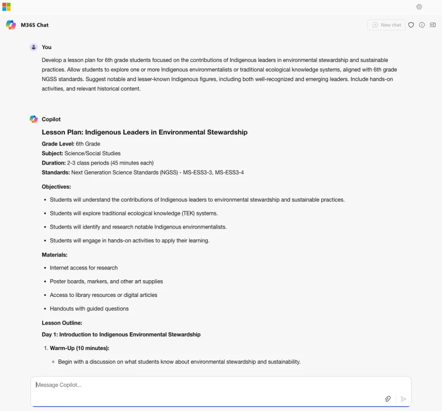 Decorative. Copilot interface showing a sample prompt and response for a sixth-grade science lesson plan.