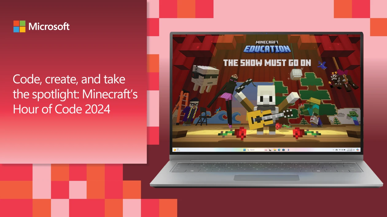 Decorative. A Minecraft block character and theater stage from Minecraft&rsquo;s Hour of Code 2024. The image includes the Minecraft Education logo and the Microsoft logo