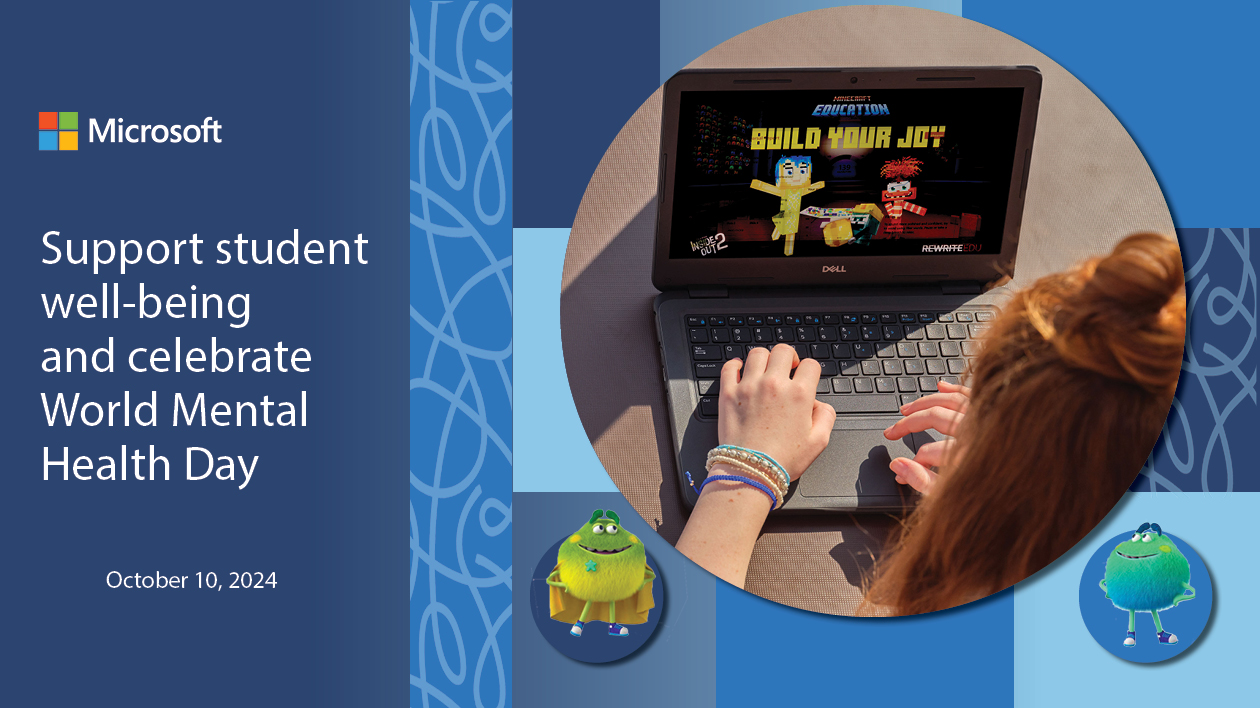 Decorative. A student playing Minecraft Education on a laptop. The image is framed by blue graphic elemets and includes the Microsoft logo