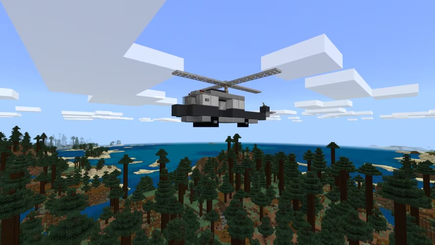 Decorative. A helicopter flying over a forest of trees in Minecraft.