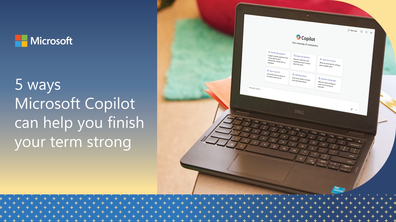 An open laptop sits on a desk in a classroom and the screen shows Microsoft Copilot. The image is framed by graphic elements and the Microsoft logo