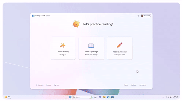 Reading Coach interface showing options for different English dialects and multiple languages.