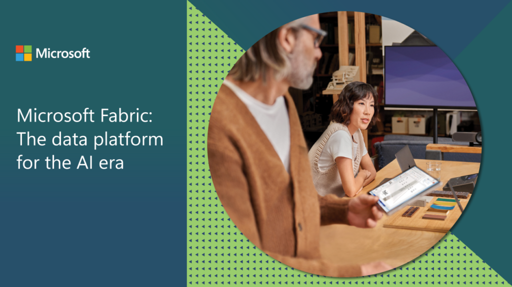 Two IT professionals work together in an office in an education institution. The photo is framed by green graphic elements and the Microsoft logo.