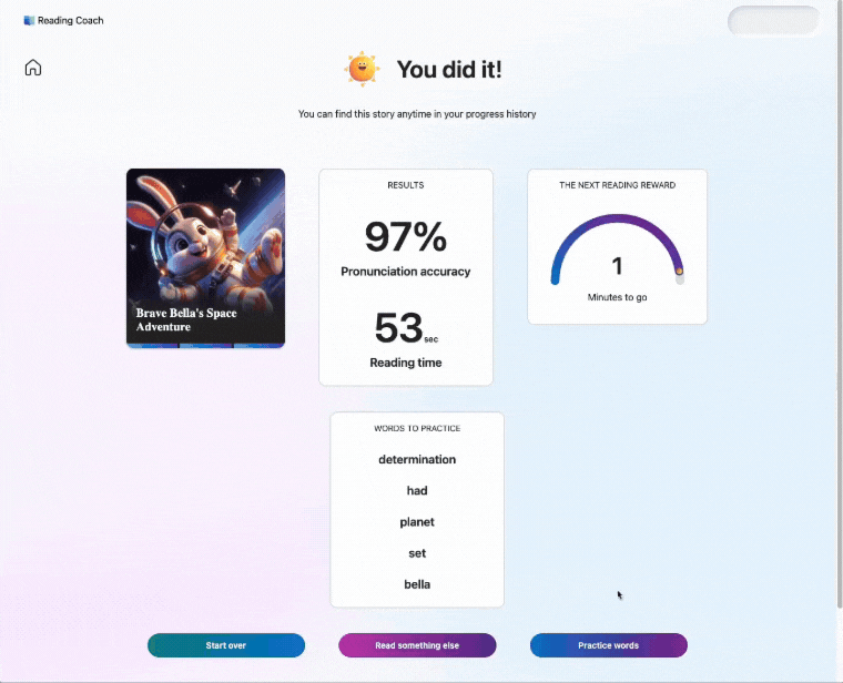 Word Practice in Reading Coach showing a list of five words.