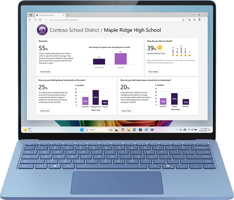 An open laptop shows a dashboard with school district-level Reflect data insights and charts acquired with the Microsoft Graph API for Reflect.