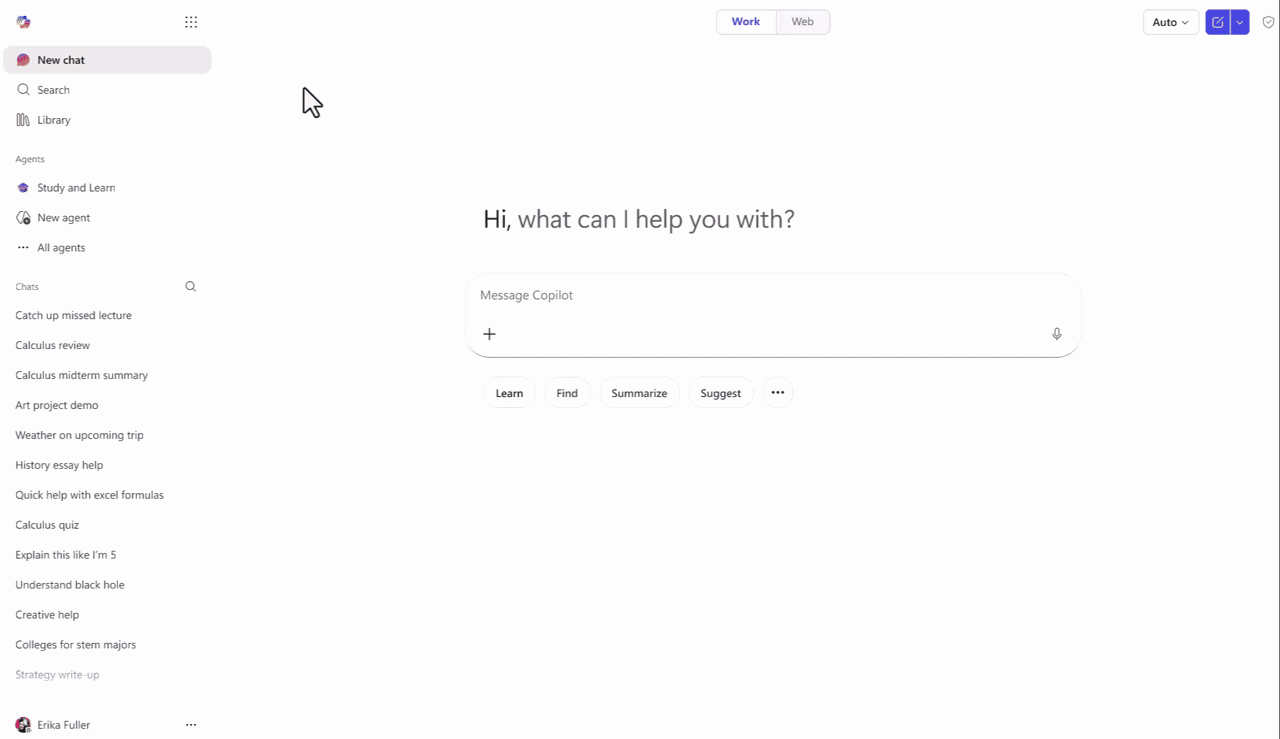Animated Microsoft Copilot home screen with chat prompt and sidebar navigation.