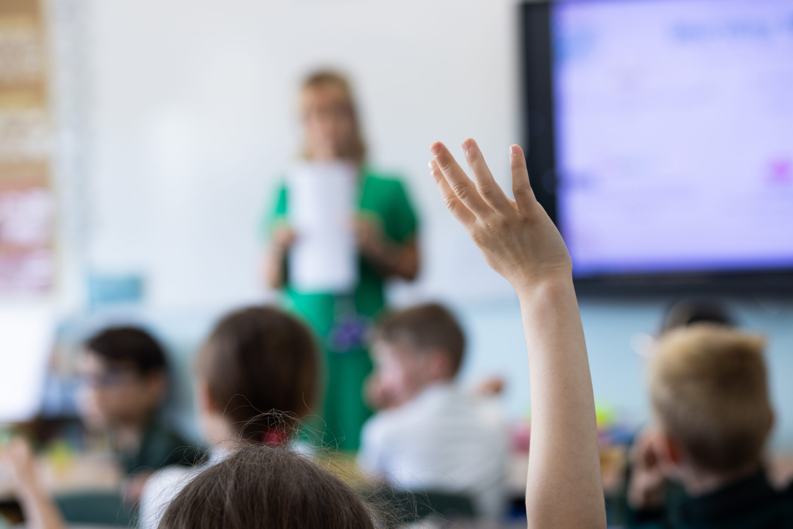 Image of teacher and students in classroom with a student raising their hand