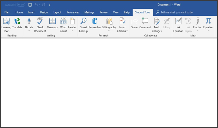 Student Tools ribbon on Word