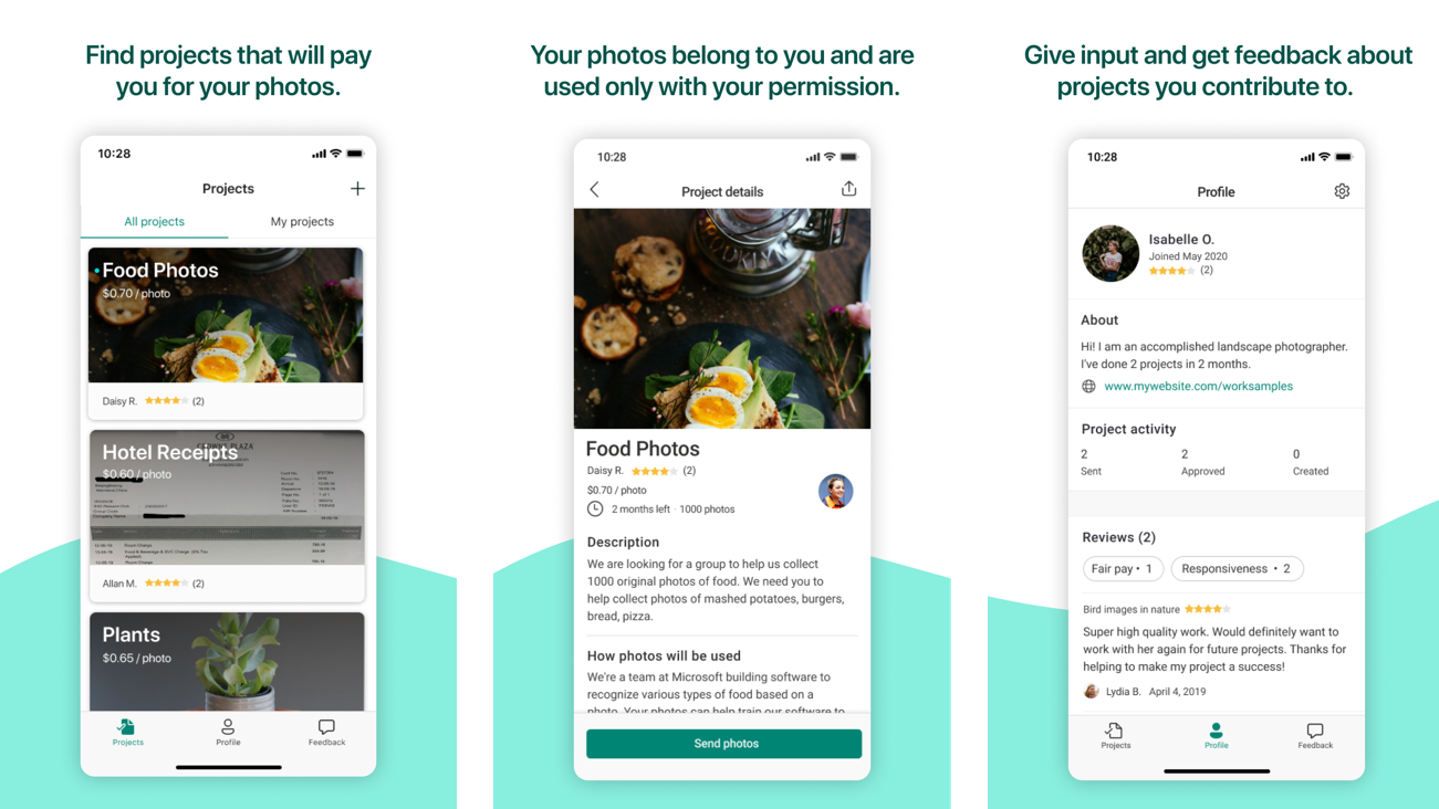 Three screenshots of the Trove app experience