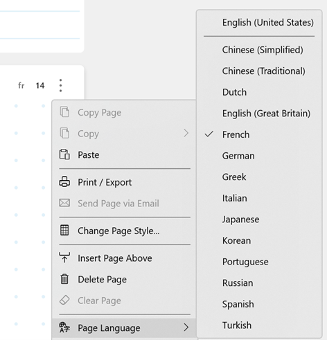 Screenshot example of the Page Language menu of languages
