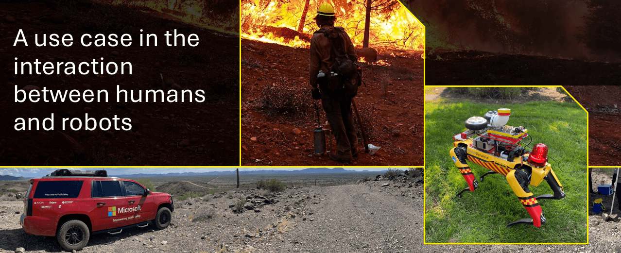 Firefighter fighting a wildfire with a robot overlay.