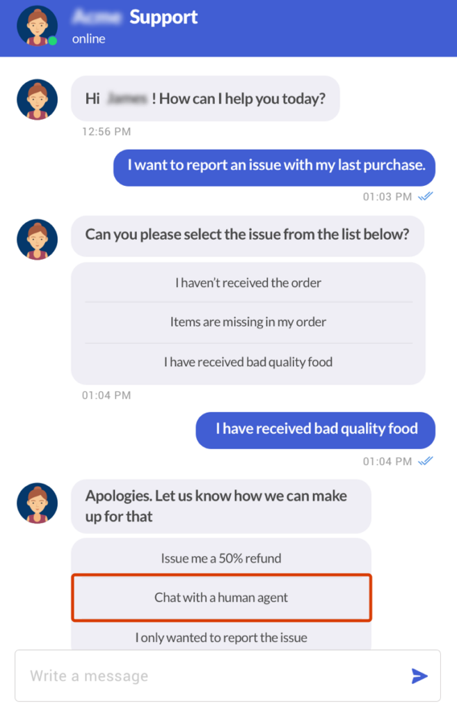 Chatbot informs user when having difficulty.