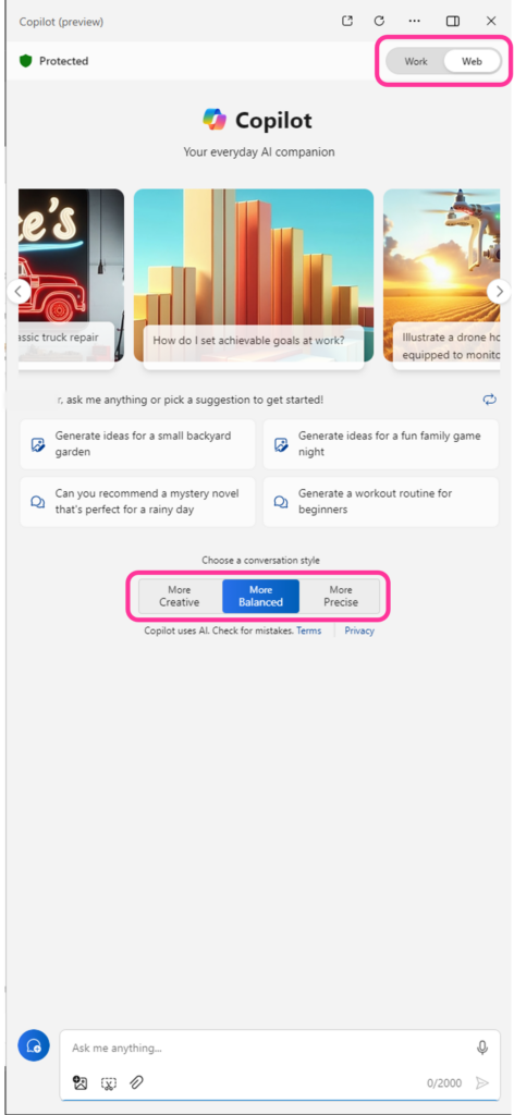 Copilot your everyday companion. Windows Copilot pane showing two controls one, work or web tab selection and two, conversation style, more creative, more balanced and more precise.
